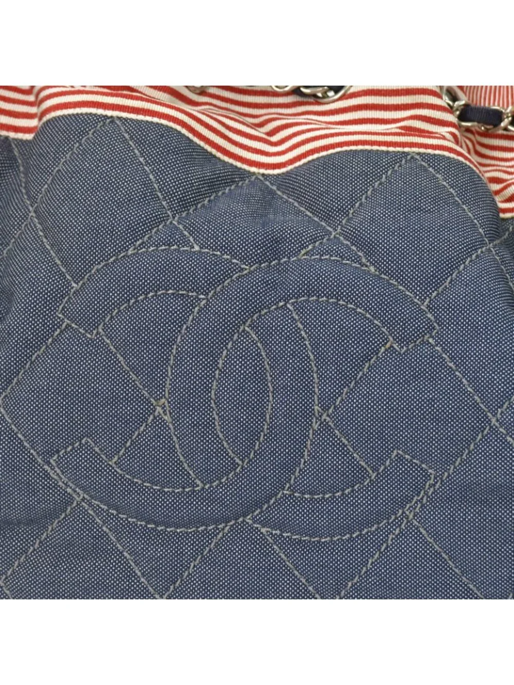 Chanel Coco Cabas GM Chain Tote Bag CC Logo Denim Canvas Stripe Silver